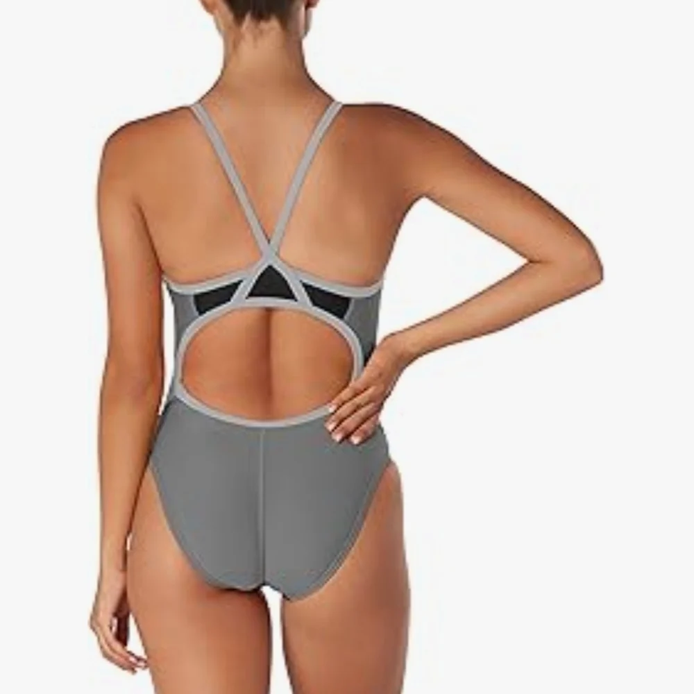 Speedo Women's Black and Gray One-Piece Swimsuit with Yellow Logo - Picture 2 of 5